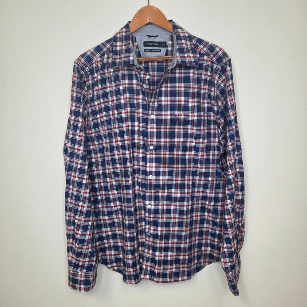 Nautica Mens XL Classic Fit Stretch Plaid Button Down‎ Shirt Navy Blue Red White